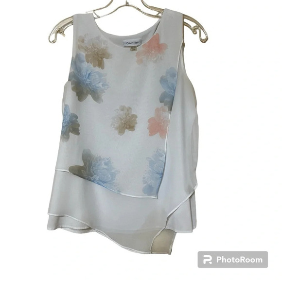 Calvin Klein | Watercolor Floral Overlay Sharkbite Hem Blouse | Size Small - Picture 1 of 9